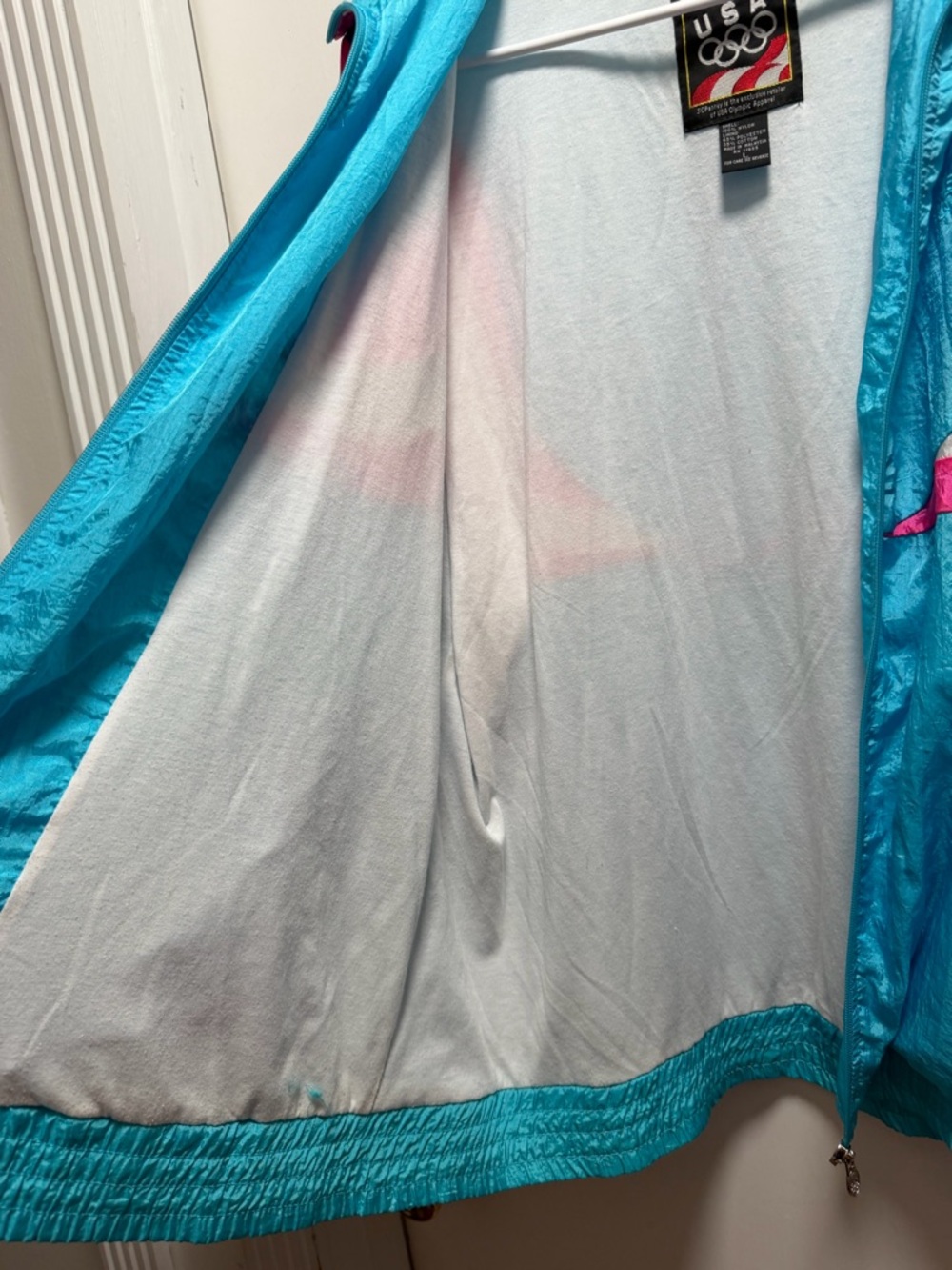 VTG USA Olympic JcPenney Nylon Windbreaker Jacket Sz L Blue Pink White Retro - Picture 9 of 11